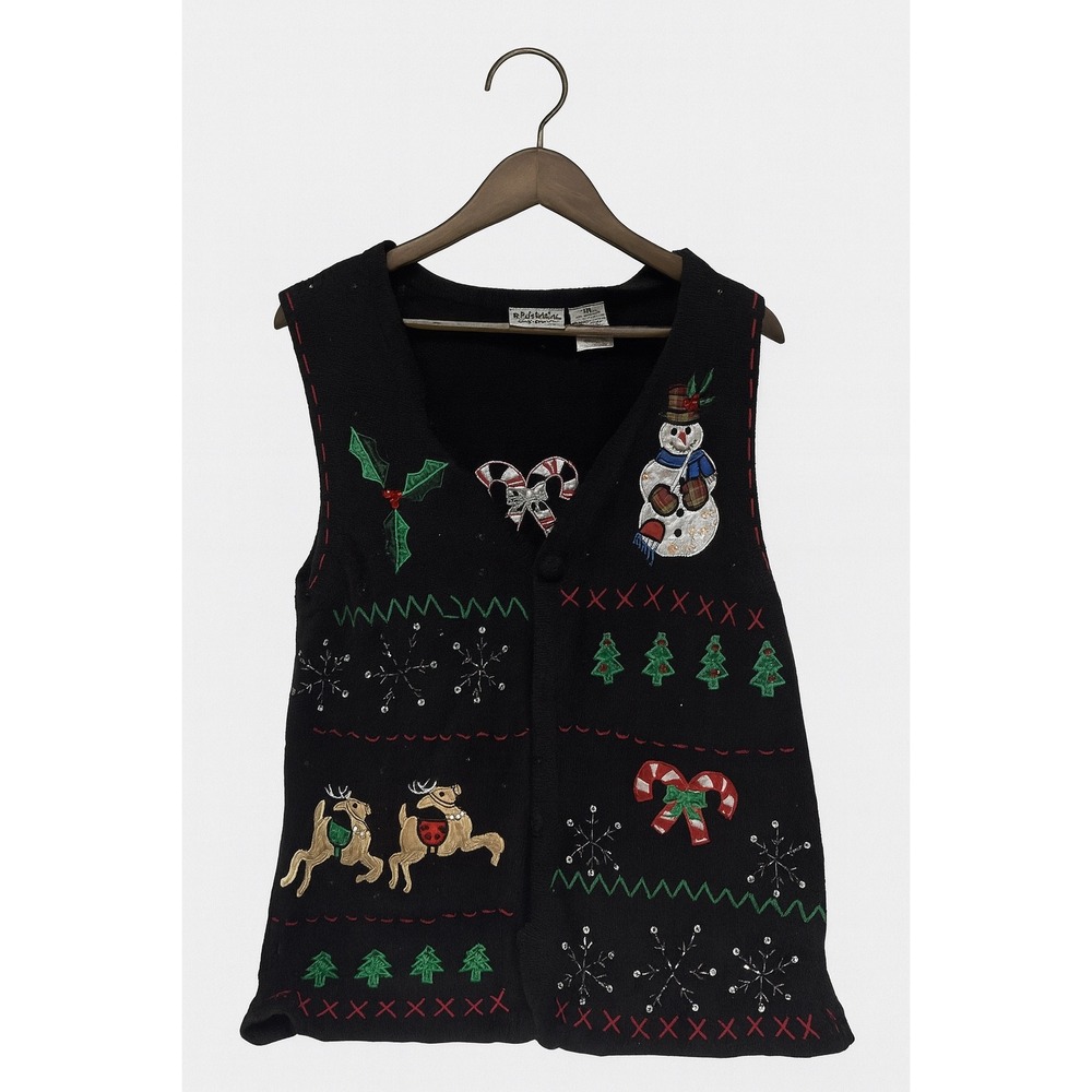 VTG BASIC EDITIONS W 2X Christmas Vest Snowman Reindeer Candy‎ Cane Ugly Sweater